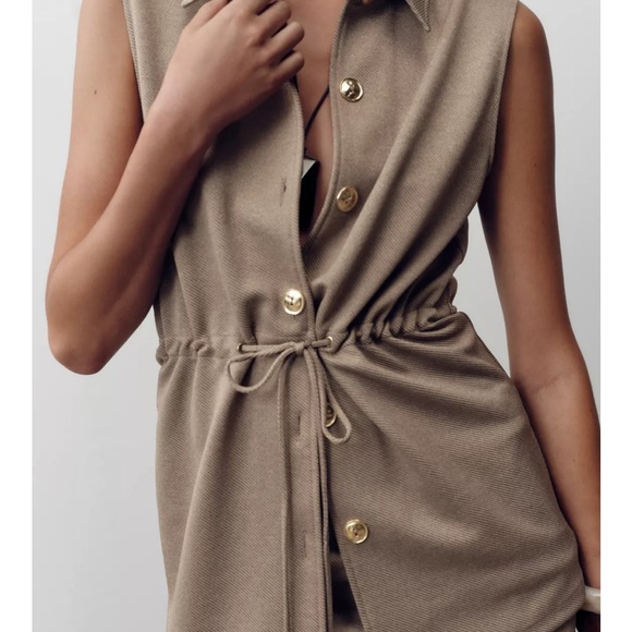 Zara NWT gold button drawstring waist beige vest top - Picture 3 of 10